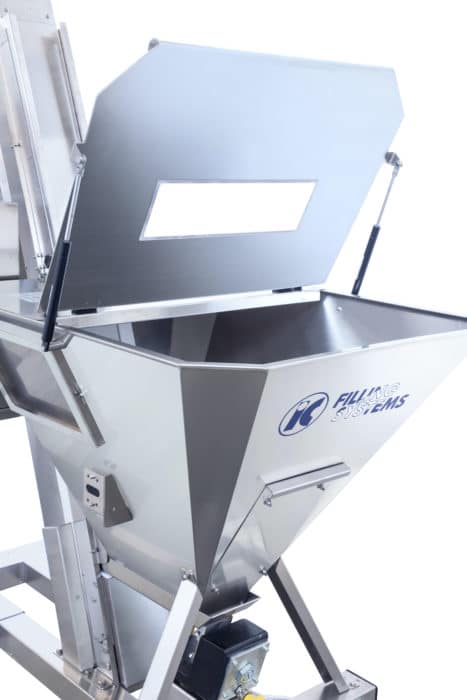 Cap elevator hopper with safety hinge