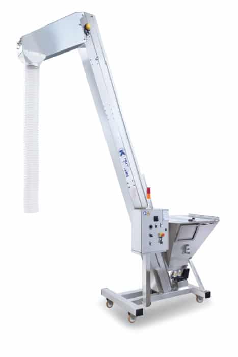 Stand alone elevator with extending concertina discharge