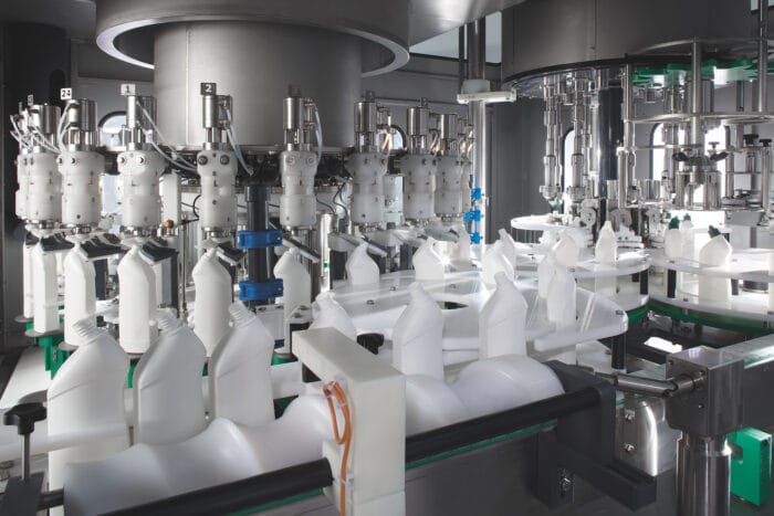Weight filling machines: Soap & detergent corrosion resistant acid resistant filler capper detail: Plastic duck neck bottle